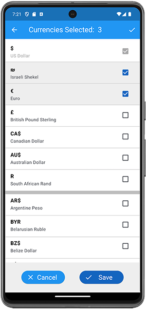 EZ-Maaser Currencies Screen