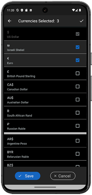EZ-Maaser Currencies Screen Dark Mode